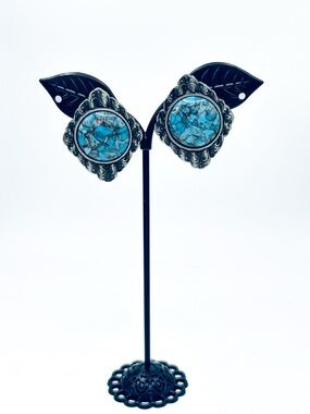Vintage-Style Faux Turquoise Statement Earrings – Gunmetal Silver Settings